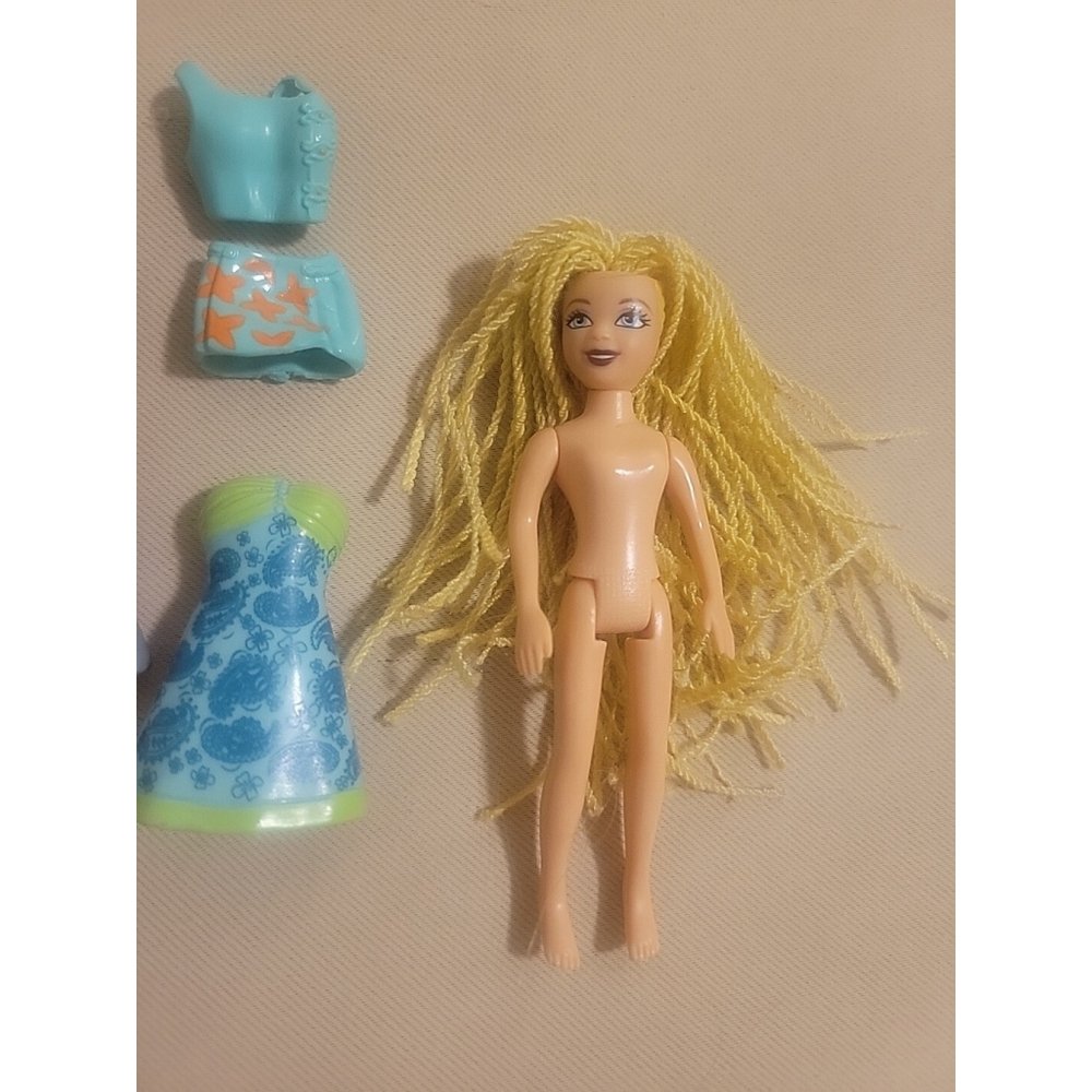 6 PC Blonde Dreads Twists Long Hair Polly Pocket Mattel Girl & 3 Fashion Outfits
